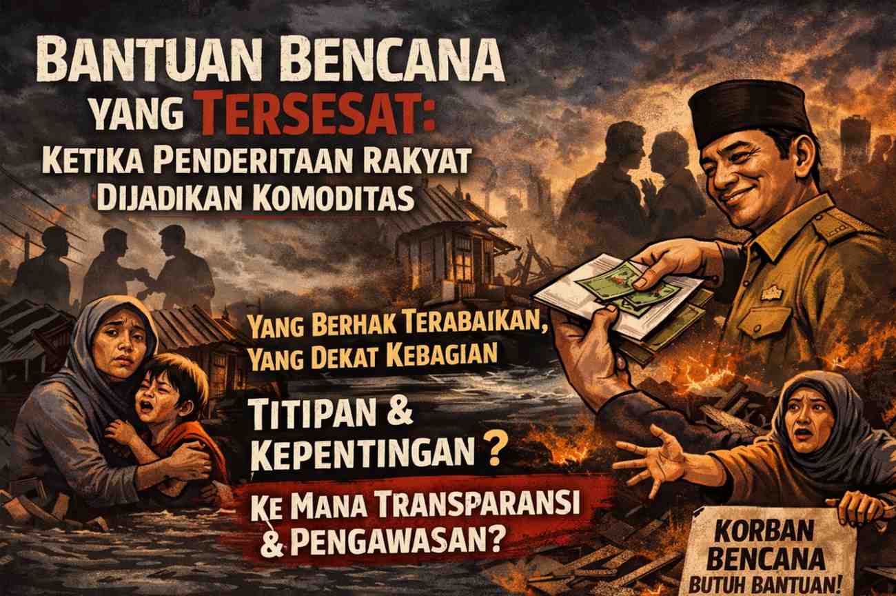 Ilustrasi terhadap polemik penyaluran bantuan korban bencana yang diduga kerap melenceng dari sasaran. Ketika korban masih berjuang bangkit, publik mempertanyakan ke mana arah transparansi dan pengawasan bantuan tersebut. / Suarajurnalisnews.com / Hendri Kinara