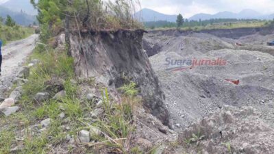 Aktivitas galian C di kaki Gunung Burni Telong, Kecamatan Wih Pesam, tampak memangkas badan jalan hingga menyisakan tepi rapuh tanpa pengaman—mengancam keselamatan warga yang melintas, terutama pada malam hari. (Foto/dok, ist* SJN.Com/Hendri.k).