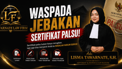 Waspadai jebakan sertifikat palsu dan tanah bermasalah. Teliti sebelum membeli, karena kerugian akibat sengketa tanah dapat berlangsung panjang. (Adv. Lisma Tawarnate, S.H., C.MK — Tawarnate Law Firm)