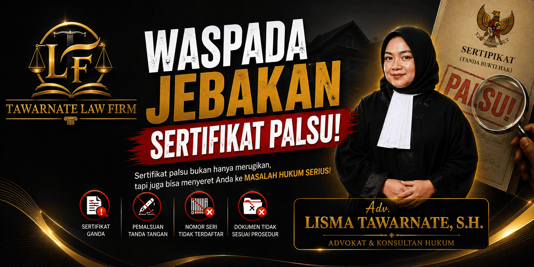 Waspadai jebakan sertifikat palsu dan tanah bermasalah. Teliti sebelum membeli, karena kerugian akibat sengketa tanah dapat berlangsung panjang. (Adv. Lisma Tawarnate, S.H., C.MK — Tawarnate Law Firm)